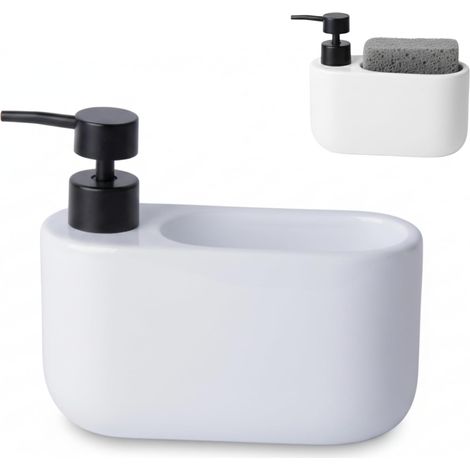 1 - Distributeur De Savon - Porte-Éponge - Réservoir 520 ML - Pompe Anti-Rouille En ABS - Pour Cuisine Et Salle De Bain - Blanc - 18x7.3x15 Cm (1/5)