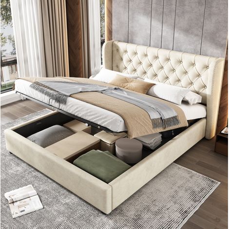 lit coffre 140x200 velours beige avec tête haute HAVRYA (1/5)