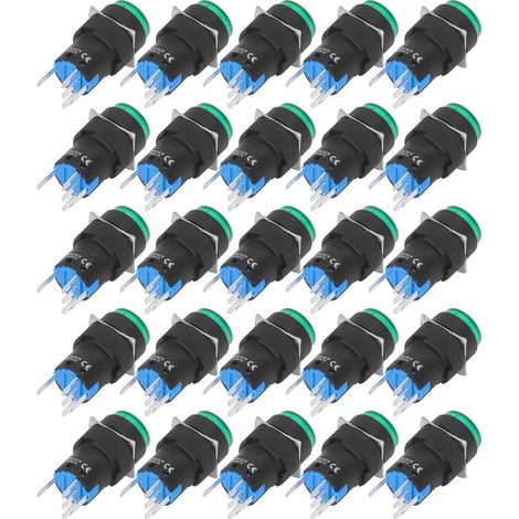 Bouton poussoir rond 16mm 5 broches auto-verrouillant avec voyant vert 220V, interrupteur d'alimentation lumineux, lot de 25 pièces (1/5)