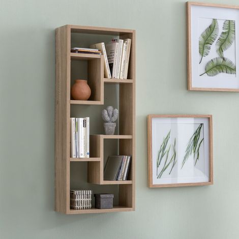 Etagère murale 5 niches 36x15x90 cm en bois décor chêne (1/5)