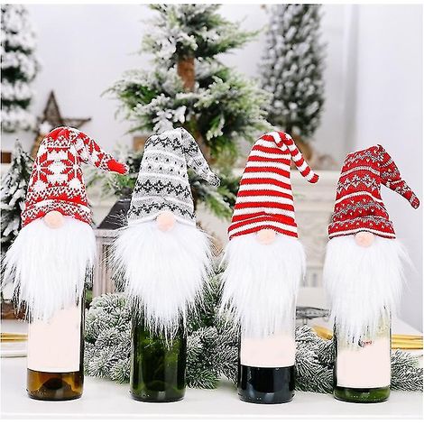 Lot de 4 bouchons décoratifs faits main pour bouteilles de vin, en forme de gnome suédois Tomte, représentant le Père Noël et des peluches scandinaves. (1/5)