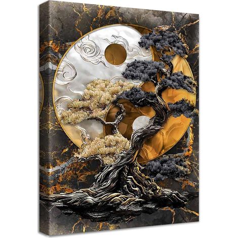 Leinwandbild Rahmen Schwarz Braun 30L x 40B cm Qian Kun Yin Yang Baum (1/5)