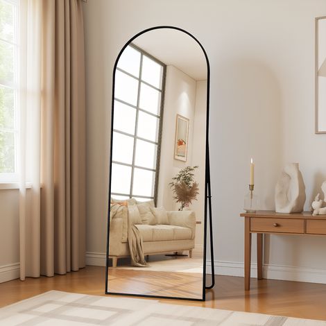 Ganzkörperspiegel 63 x 173 cm, gewölbter Ankleidespiegel mit Rahmen and Aluminiumlegierung, Standspiegel mit robustem Glas, Anlehnen oder Freie Platzierung mit Klammer, Schwarz (1/5)