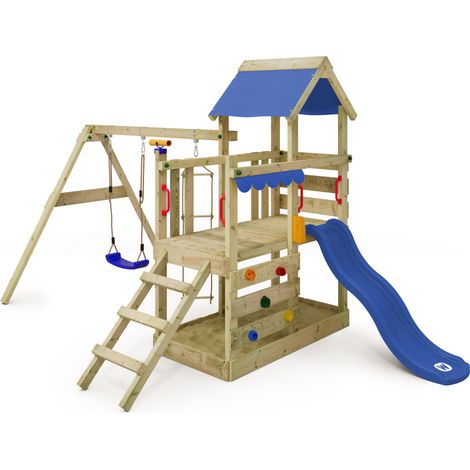 Wickey – Structure d'escalade en bois avec balançoire et bac à sable – Toboggan 175 cm avec raccord d'eau – Bois massif traité pour extérieur
