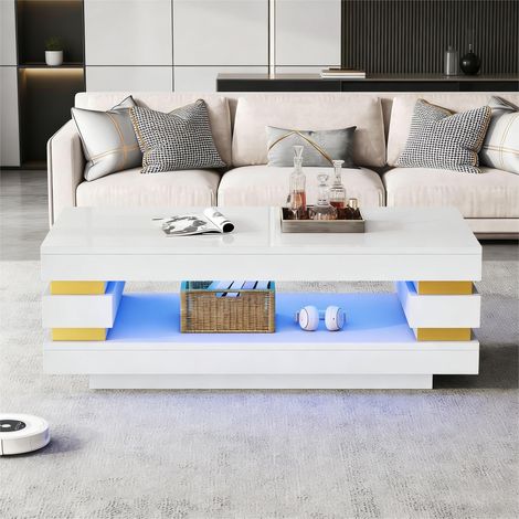 Tavolino rettangolare a LED 100x50x35 cm con vano a giorno, in truciolato, bianco e oro