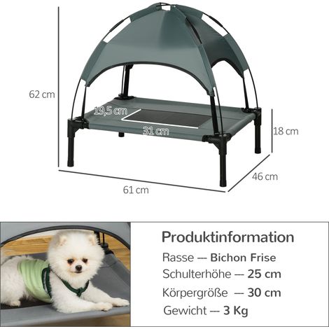 Lit surélevé pour chien avec auvent, couchage pour animaux, transat d'extérieur pour chien avec toit, respirant, en taffetas gris, idéal pour le camping, 61 x 46 x 62 cm (1/5)