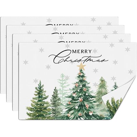 Lot de 4 Sets de Table Sapin de Noël, sous Assiette de Table Neige Étoiles d’Hiver, Dessous Assietter Lavable Absorbant en Lin pour Cuisine, Salle à Manger, Fêtes Décoration 30x45cm (1/5)