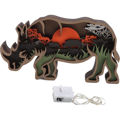 Sculpture animale en bois de buis lumineuse - Décoration de bureau et intérieur, artisanat sculptural rhinocéros éclairé (1/5)