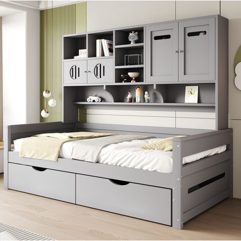Multifunktionsbett 90x200 cm Grau aus Holz mit Stauraum und zwei Schubladen (1/5)