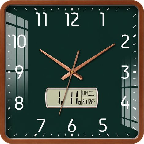 Horloge Murale Carrée 35 cm Fond Vert Cadre Doré avec Écran LCD Quartz 38 × 38 × 8 cm 1,35 kg – Livraison gratuite