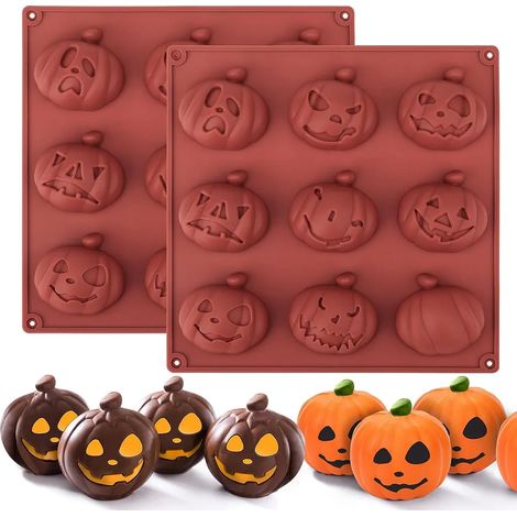 Moules en silicone Halloween pour bombe de chocolat chaud, 2 pièces 9 cavités citrouille, moule à cacao chaud pour Halloween Thanksgiving automne pâtisserie, bombes de cacao, gâteau, gelée (1/5)