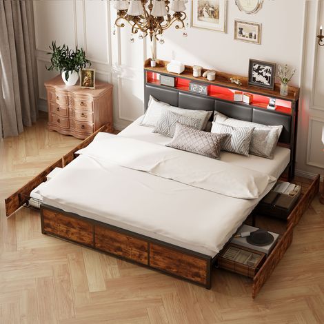 Sunfecili – Lit double 180 x 200 cm avec 4 tiroirs – Rembourré PU noir – Éclairage LED intégré – Tête de lit avec étagère pratique (1/5)