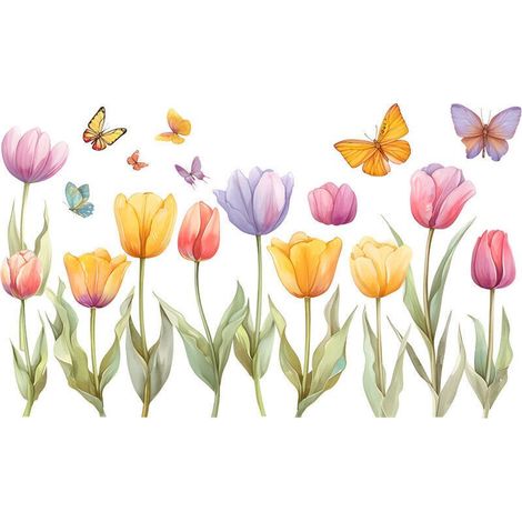 Lntyq Fleur de Jardin Stickers Muraux Tulipe Autocollant Mural Fleurs Papillon Plante Décoration Murale pour Salon Chambre Bureau Canapé Fond TV Murale (1/4)