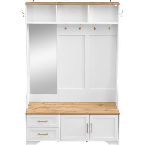 CAIziMeuble de couloir et meuble à chaussures multifonction avec éclairage LED, miroir, crochets et tiroirs – armoire d’entrée moderne pour entrée et couloir avec rangement et assise (1/5)
