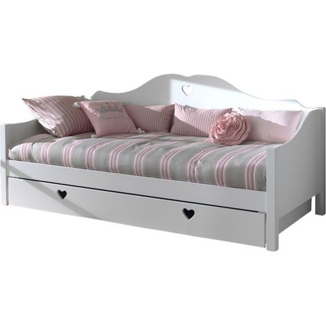 Lit banquette gigogne 90x200 cm avec sommier bois laqué blanc Cœur