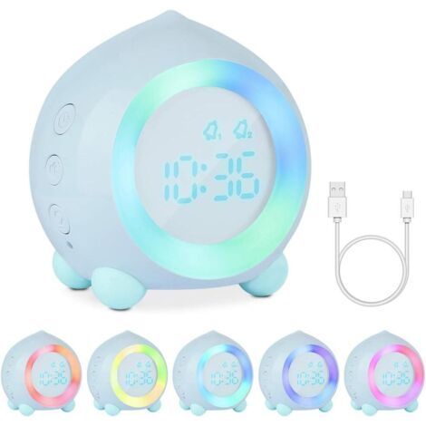Reveil Veilleuse Enfant, Réveil Enfant Lumineux LED Fille Garcons Numerique Lampe Réveil Veilleuse Volume Réglable Snooze Réveil en USB Charge avec Double Alarme, éclairage d'ambiance(Bleu) (1/5)
