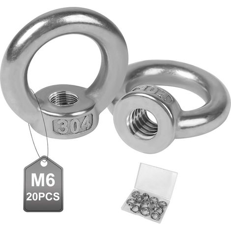 20 Pcs Écrou à Oeil de Levage M6 en Acier Inoxydable Écrou à Anneau Bague Anneau de Levage Anneaux Femelle Anneaux en Inox pour Accessoires de Levage Fixer Pots de Fleurs Auvents Cordes à Linge (1/5)