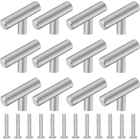 Set di 12 maniglie per mobili da cucina, maniglie per mobili in acciaio inossidabile a forma di T da 50 mm, per cassetti, armadi, porte, mobili, bagni, camere da letto e guardaroba (1/4)