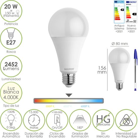 Bombilla Led Estandar Rosca E27. 20  Watt. Equivale A 150 Watt. 2452 Lumenes. Luz Neutra (4000º K.)