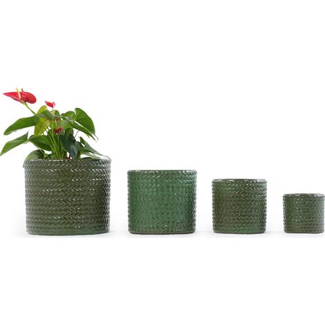 Pot de Fleurs Céramique Émaillée Ø37cm avec Drainage Bac à Plante Relief Chevrons Résistant au Gel Vert Olive Intérieur Extérieur (1/5)