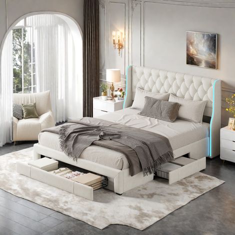 Cama con cajones 160x200 cm y 3 cajones - Cama doble con cabecero decorado con remaches, iluminación LED, somier de láminas, estructura de cama, almacenamiento, cama adulto en terciopelo - Beige