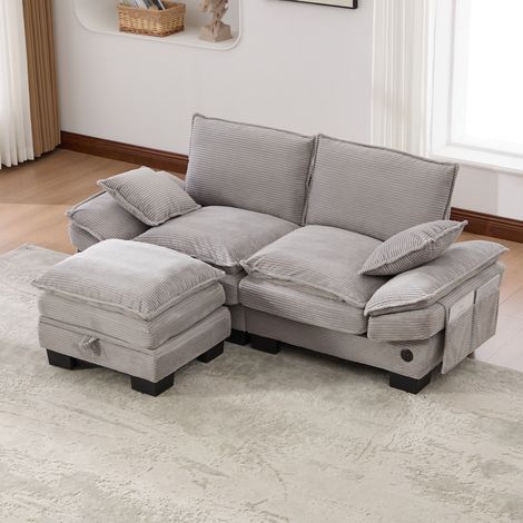 Divano da 2 posti in velluto a coste (panno) con pouf, USB-C e tasche laterali, grigio chiaro, 190x132x84 cm (1/5)