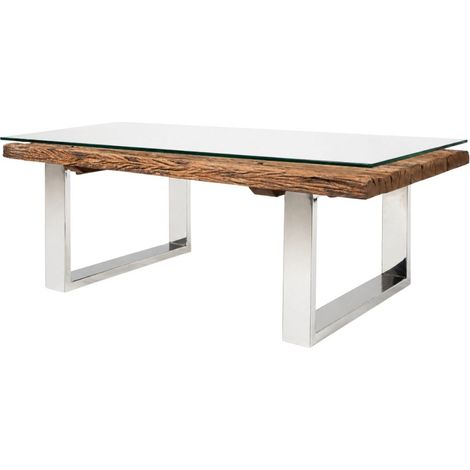 Couchtisch RAFTA 110 cm aus recyceltem Teakholz und gehärtetem Glas – Industriedesign mit U-förmigen Beinen