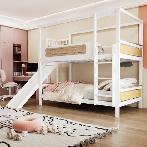 Letto a castello per bambini, 90200 cm, con struttura a forma di casetta, sponde di sicurezza a forma di biscotto, scivolo e scaletta di sicurezza extra larga, colore legno. (1/5)