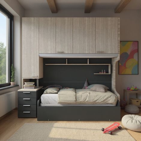Cameretta a ponte con letto estraibile e spazio intelligente - Rovere rock