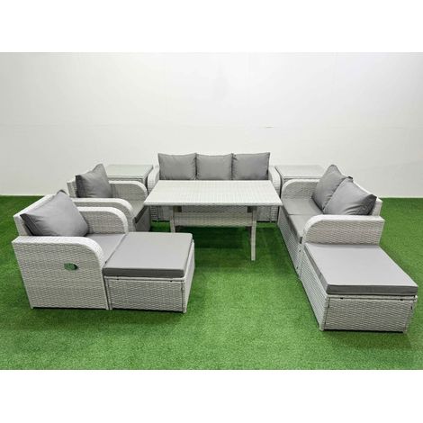 Fimous PE Rattan Garden Furniture Set Reclining Chair Sofa Double Love Seat 2 Seater Sofa Lounge Set Rectangular Dining Table 2 Big Footstool 2 Side Table Light Grey (1/4)