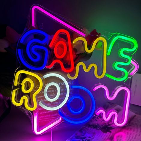Lettre colorée GAMEROOM néon, décoration murale cool LED néon, alimenté par USB, convient pour chambre à coucher, mur d'art, salon, bar (1/4)