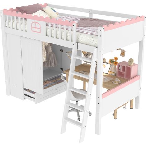 Letto a soppalco singolo per bambini 90x200 cm con LED, armadio e cassetto contenitore, struttura in legno e MDF, colore bianco, CHICFURN (1/5)