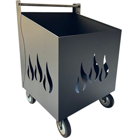Porta Legna con Ruote, Porta Pellet, in Ferro Battuto, Grigio antracite, 42x37x62h cm, Motivo Fiamma, Per Camino e Stufe