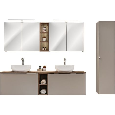 Insieme VANTA taupe: mobili sotto lavabo 180 cm + lavabi da appoggio + mobili per il contenimento + specchi + LED