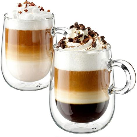 Tasses à cappuccino à double paroi 350ml, lot de 2, verre borosilicaté, transparent