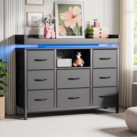 Commode à 8 Tiroirs avec Éclairage LED et USB, Organisateur de Rangement Robuste avec Structure métallique et Plateau MDF, pour Chambre, Couloir et Salon, Noir, 108 x 30 x 82 cm (1/5)