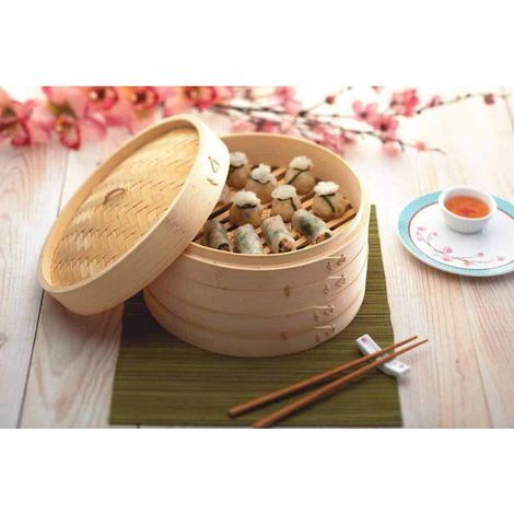 Vaporiera in Legno per Cottura al Vapore 2 cestelli Contenitore Cesto 2 Ripiani con Coperchio 20 cm (1/4)