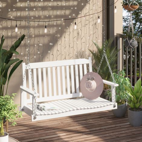 Outsunny Gartenschaukel für 2 Personen Schaukelbank Hängebank Massivholz Patio Terrasse Hinterhof Weiß 117 x 69 x 60 cm