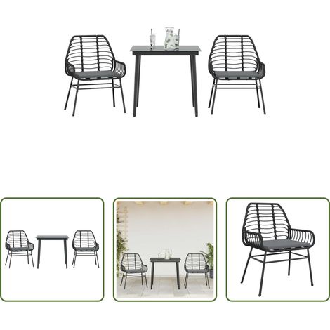 Gartentisch - 3-tlg. Garten-Essgruppe mit Kissen Schwarz Poly Rattan Glas (1/5)