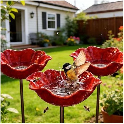 Abreuvoir Mangeoire Oiseaux Exterieur, Bain Oiseaux Extérieur, Décoration pour Jardin Terrasse, Bain d'oiseaux Abreuvoir sur Pied pour Abeilles et Papillons, Hauteur 60CM (3PCS-Rouge) (1/5)
