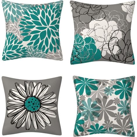 Un juego de cuatro fundas de almohada turquesas y grises adornadas con un moderno estampado de manzanilla y delicados motivos florales, adecuadas para sofás, salas de estar, dormitorios, jardines y es (1/5)