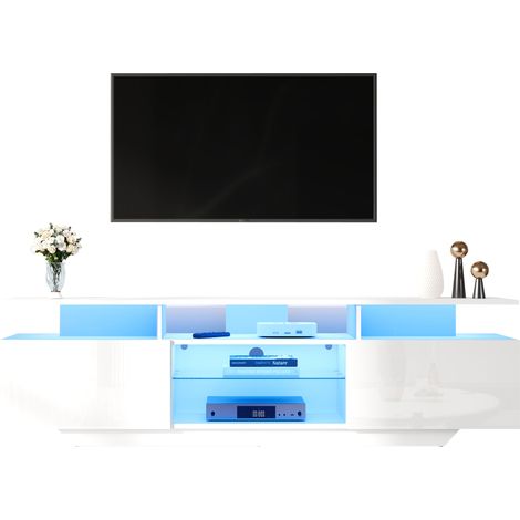 Meuble TV 160 x 40 x 45 cm avec 2 placards, centre multimédia moderne laqué brillant avec bande LED et 8 compartiments de rangement, en MDF, adapté aux téléviseurs jusqu’à 70 pouces (1/5)