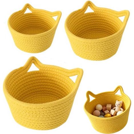 Lot de 3 paniers de rangement en tissu tressé jaune avec oreilles de chat - Idéal pour ranger les jouets de bébé et d'animaux. Convient pour ranger les jouets de bébé et d'animaux. (1/5)