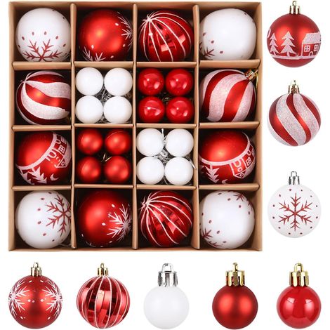 Set mit 44 weißen und roten Weihnachtskugeln (6 cm und 3 cm Durchmesser) für den Weihnachtsbaum. (1/5)