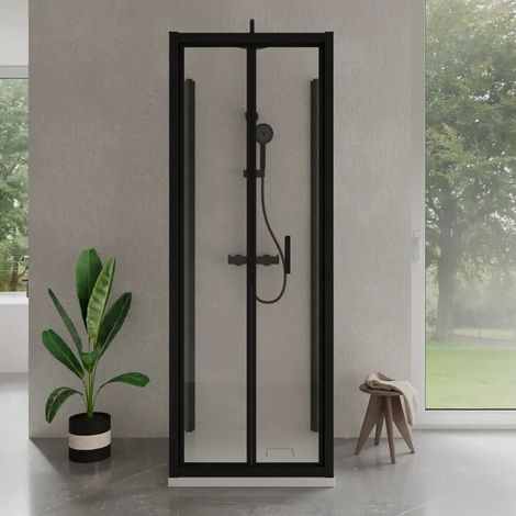 Cabine de douche trois côtés 70x90x70cm avec porte pliante profilés noir mat et verre transparent 6mm h185 Madagascar (1/4)