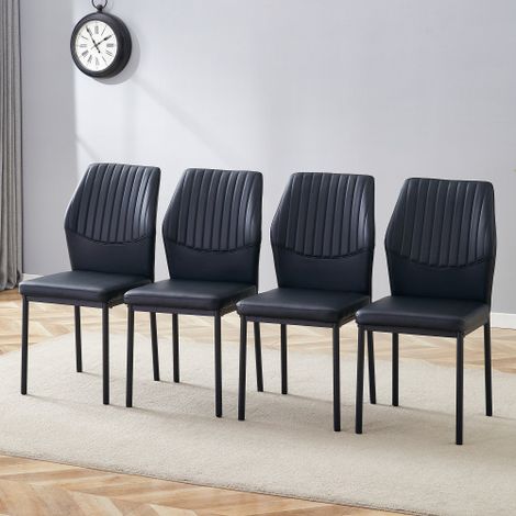 [4er-Set] Esszimmerstühle im Leicht-Luxus-Stil: Schwarze PU-Rückenlehne mit vertikaler Prägung + schwarze Metallbeine. Passend für Esszimmer oder Wohnzimmer im modernen Leicht-Luxus-Design.