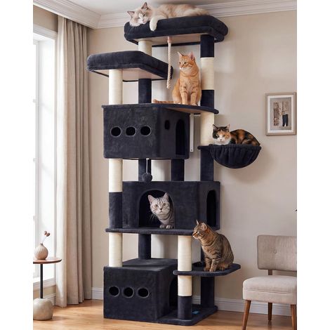 Arbre à Chat XXL Hauteur 182 cm, Tour à Chat Stable pour Grands Chats avec 3 Niches Spacieuses, 2 Plateformes Supérieures, Panier Confortable, Poteaux Sisal et Jouets, Gris Foncé GCT800G (1/5)