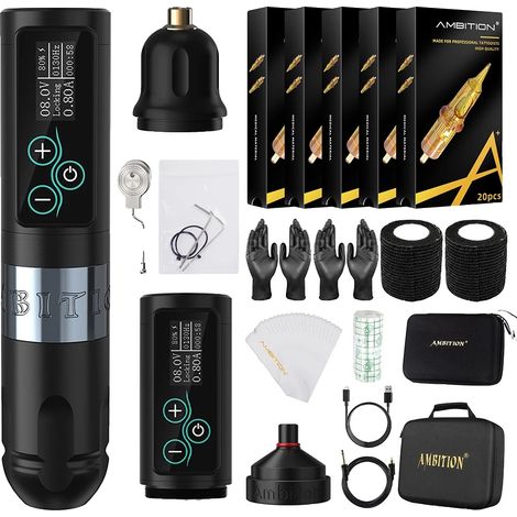 Kit de máquina de tatuar, pluma inalámbrica sin escobillas con batería de 2400 mAh, alto torque y cartuchos para líneas suaves. (1/2)