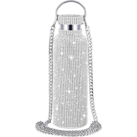 Glitzernde Wasserflasche mit Strasssteinen, silberfarben, mit Kette, 500 ml