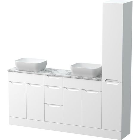Teddesley Floor Standing 4 Door 3 Drawer Vanity Combination Unit with Tall Unit, Worktop and Countertop Vessel, 1800mm, Matt White (1/4)